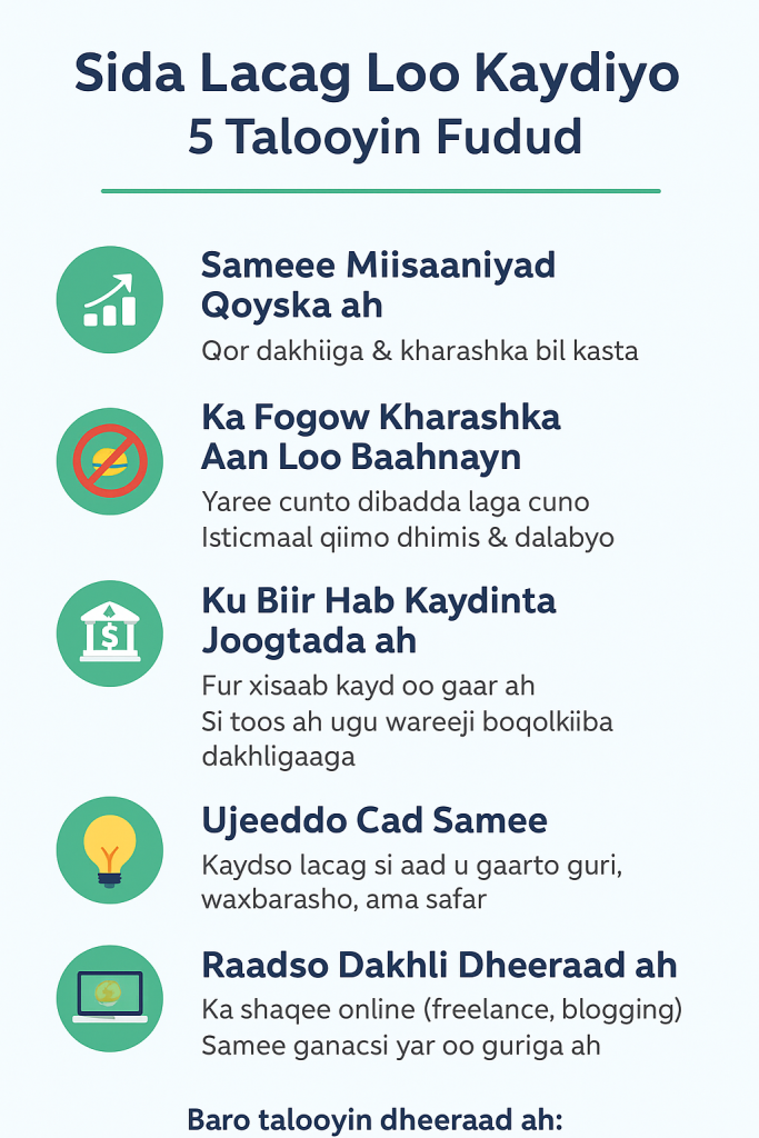 Sida Lacag Loo Kaydiyo: 7 Talooyin Fudud oo Kuu Sahlaya Kaydinta Lacagta